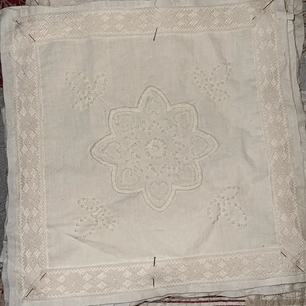 Lot 9 French hand Embroidered cream quilt Squares